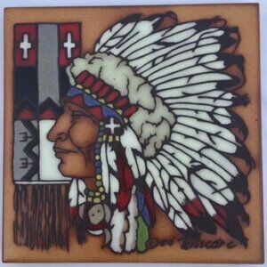 Cleo Teissedre Native Chief Southwest Ceramic Tile Art Signed